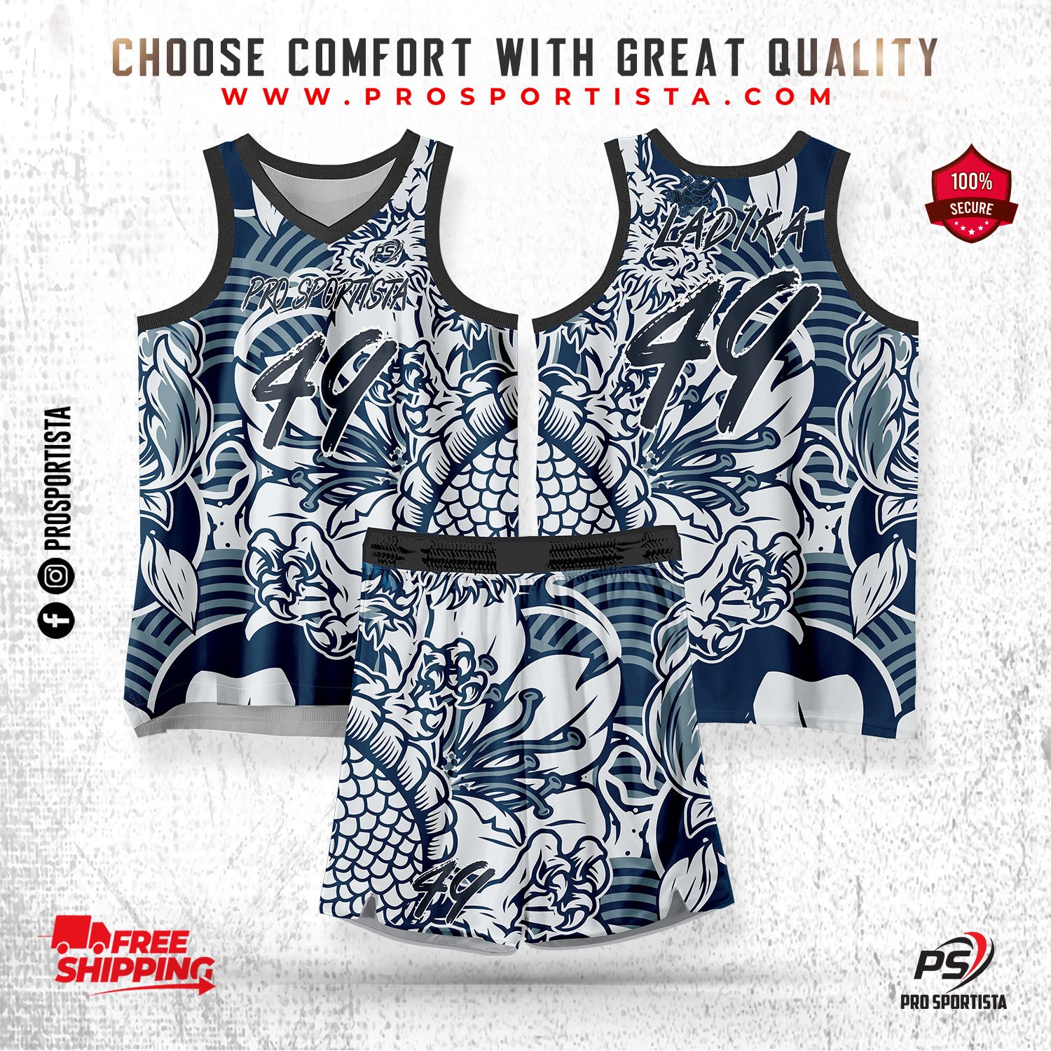 Blue & White Artwork Basketball Uniform – Ink Pattern Edition - Image 2