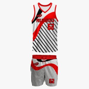 Custom Red, White & Black “Wavy Pinstripe” Pro Sportista 62 Sublimated Basketball Uniform Set