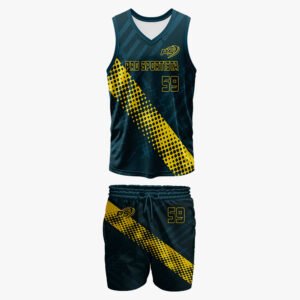 Custom Navy & Yellow “Halftone Strike” Pro Sportista 59 Sublimated Basketball Uniform Set