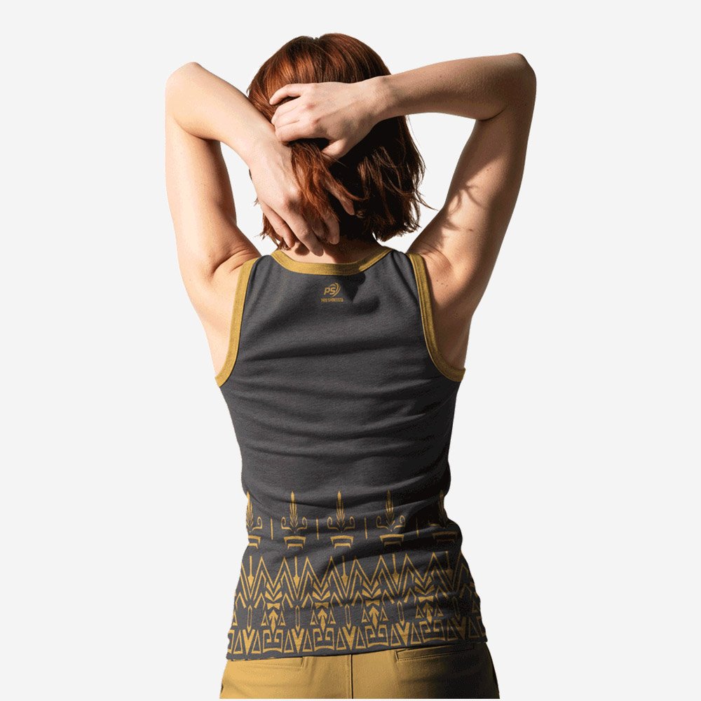 Custom Women’s Charcoal & Mustard Gold “Ancient Motif” Sublimated Athletic Tank Top - Image 2