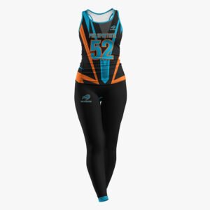 Custom Women’s Black, Blue & Orange “Pro Sportista 52” Sublimated Tank & Legging Set