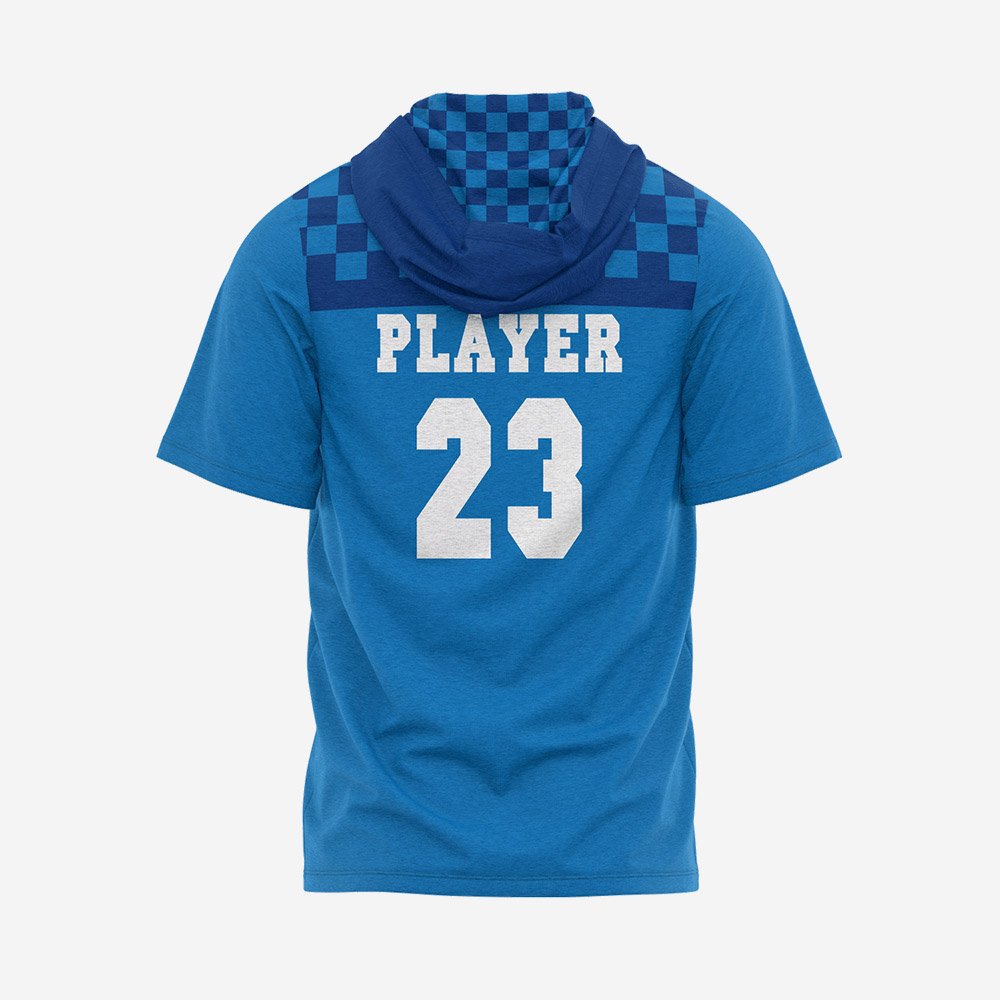 Custom Blue “Checkered Pulse” Performance Hooded T-Shirt - Image 2