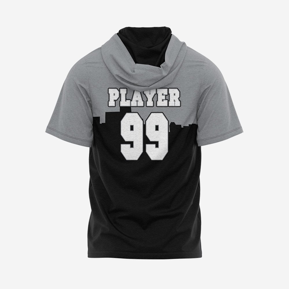 Custom Grey & Black “IndyCar Skyline” Performance Hooded T-Shirt - Image 2