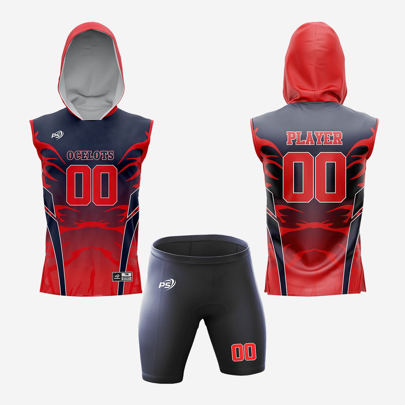 Blue & Red Hooded Flag Football Uniform Set – Pro Sportista Custom Jersey & Shorts - Image 2